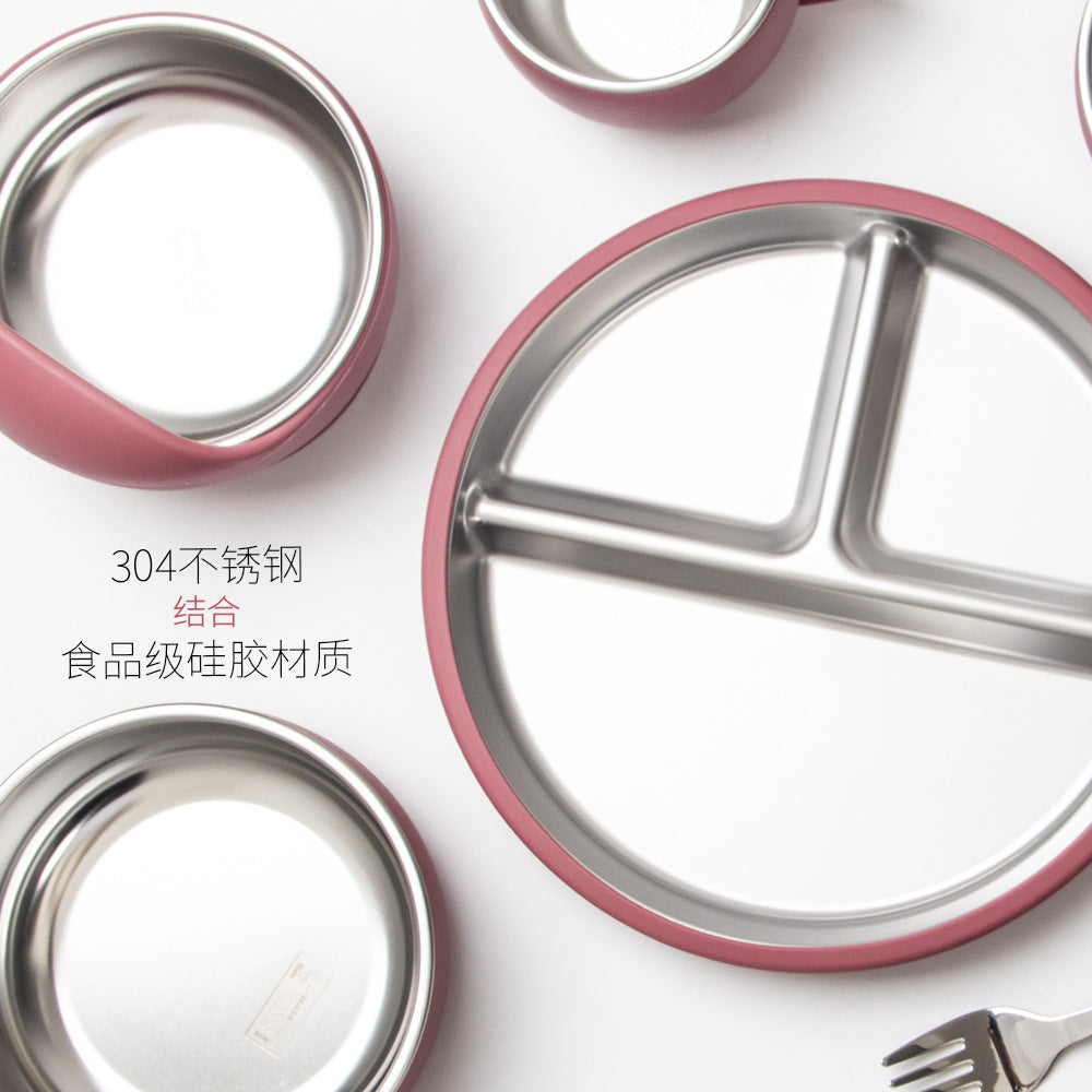 Stainless Steel Silicone Baby Feeding Set Suction-Cup Baby Solid-Food Tray Bowl Fork And Spoon Dinnerware