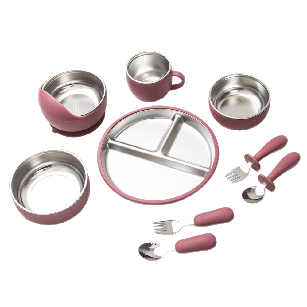 Stainless Steel Silicone Baby Feeding Set Suction-Cup Baby Solid-Food Tray Bowl Fork And Spoon Dinnerware